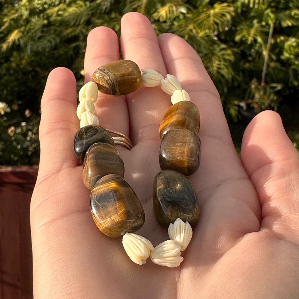 Natural Tiger's Eye Nuggets & Pikake flower shell Bracelet Made in Maui